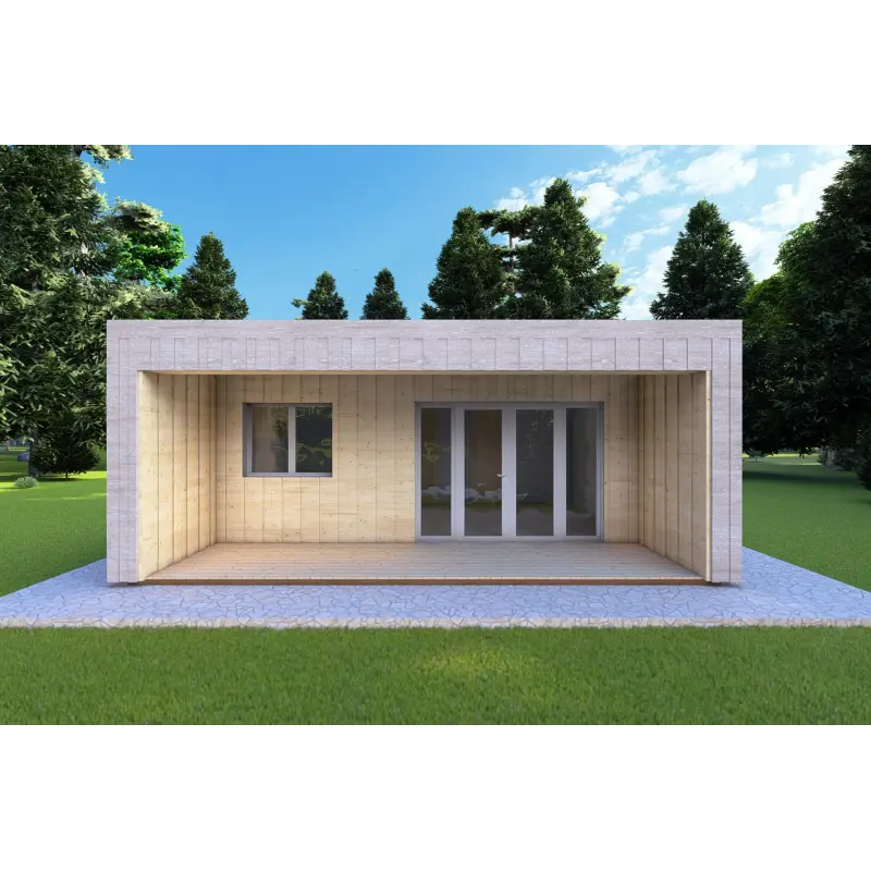 Holzhaus-Bungalow VISION 2 CUBE "C" mit 7x8 44/100/30/40 mm, Frontansicht Farbe Holzgrau