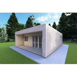 Holzhaus-Bungalow VISION 2 CUBE "C" mit 7x8 44/100/30/40 mm, Frontansicht rechte Seite Farbe Holzgrau