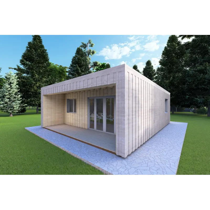Holzhaus-Bungalow VISION 2 CUBE "C" mit 7x8 44/100/30/40 mm, Frontansicht rechte Seite Farbe Holzgrau