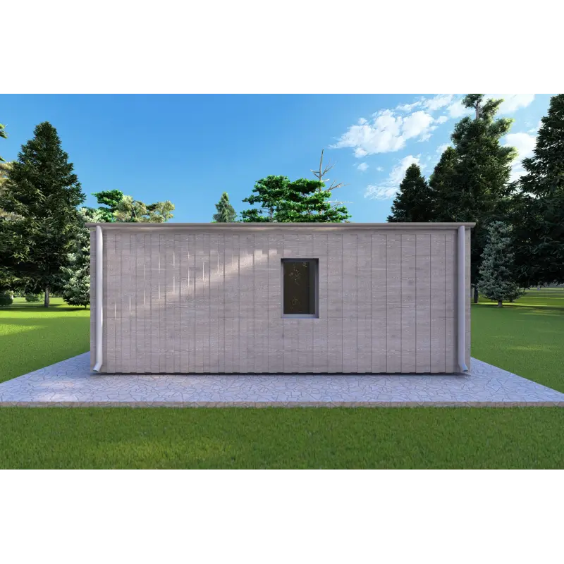 Holzhaus-Bungalow VISION 2 CUBE "C" mit 7x8 44/100/30/40 mm, Rückansicht Farbe Holzgrau