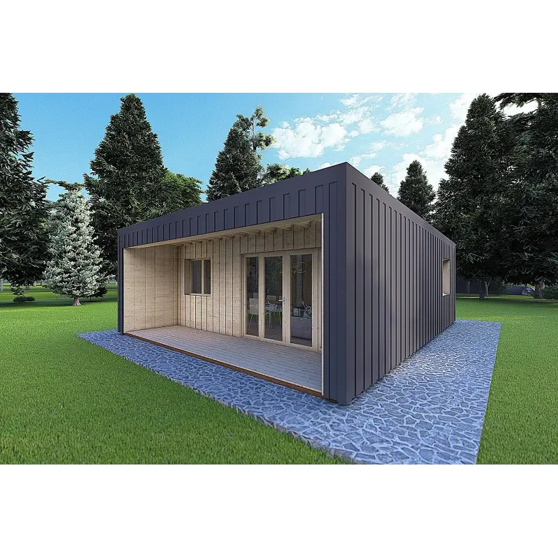 Holzhaus-Bungalow VISION 2 CUBE "C" mit 7x8 44/100/30/40 mm, Frontansicht rechte Seite Farbe Anthrazit