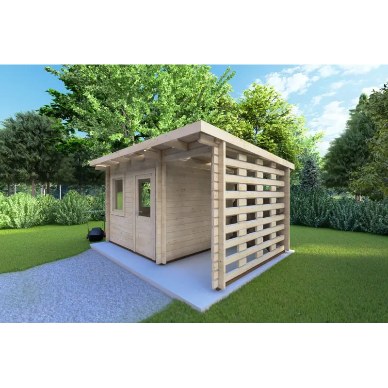 Gartenhaus mit Holzlager LISA 3x3, 44mm, Frontansicht rechte Seite