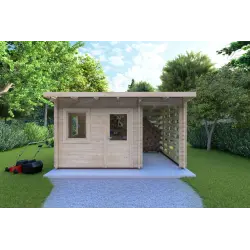 Gartenhaus mit Holzlager LISA 3x3, 44mm, Frontansicht