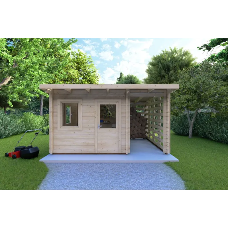 Gartenhaus mit Holzlager LISA 3x3, 44mm, Frontansicht