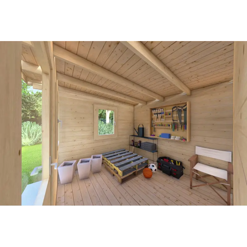 Gartenhaus mit Holzlager LISA 3x3, 44mm, Innenansicht