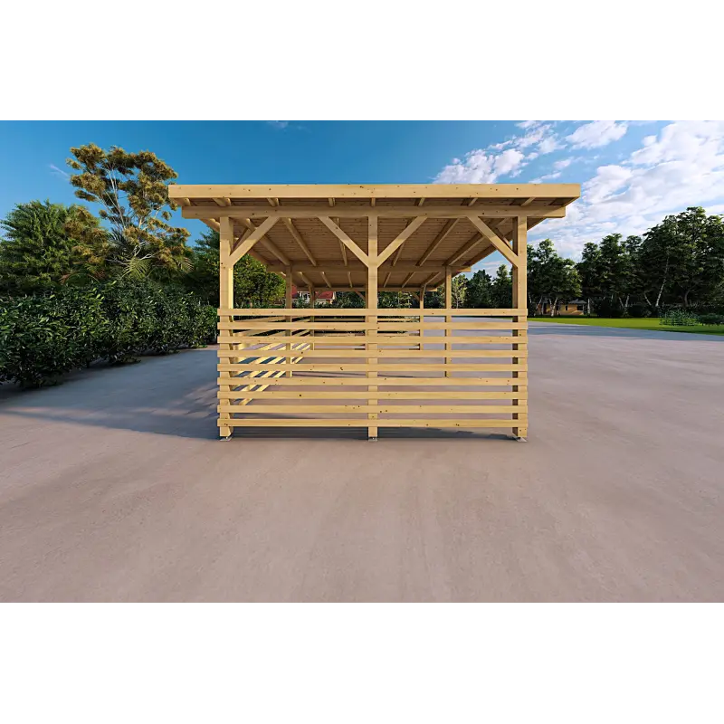 Holzüberdachung mit teilweiser Verkleidung 22 m², linke Seite