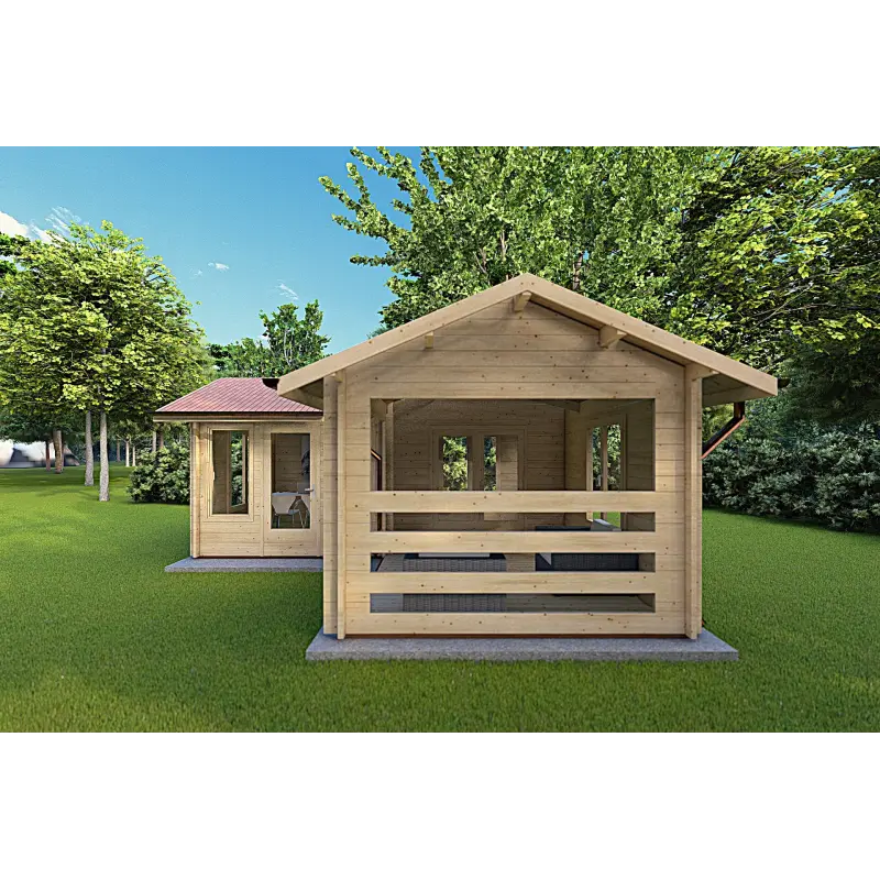 Gartenhaus mit Veranda und zwei Räumen SUSANNA 28 m², 44mm, rechte Seite