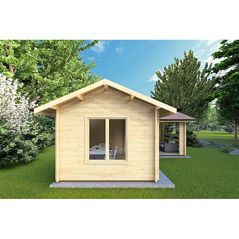 Gartenhaus mit Veranda und zwei Räumen SUSANNA 28 m², 44mm, Frontansicht