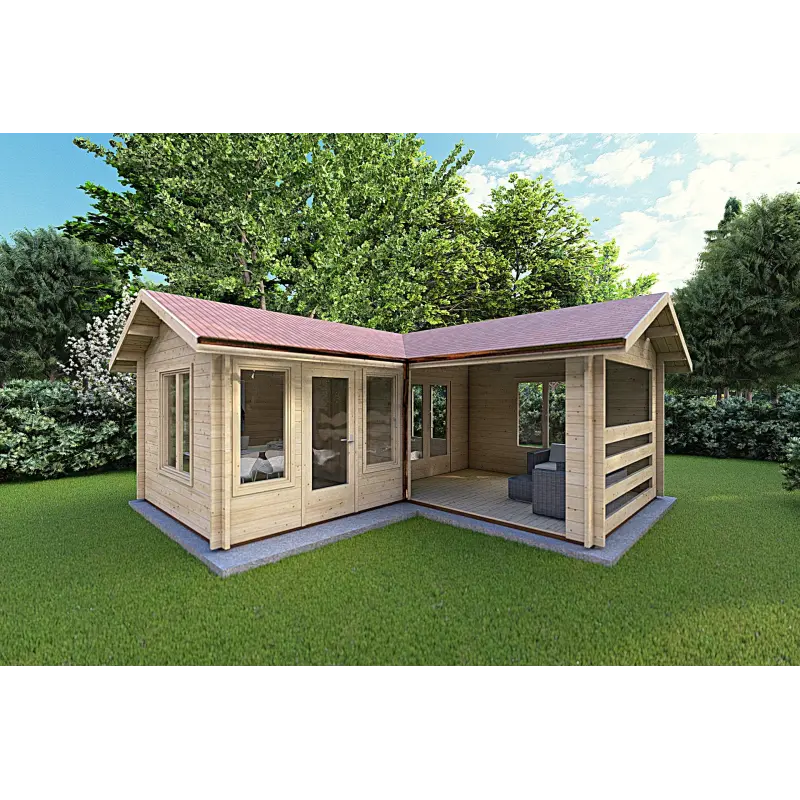 Gartenhaus mit Veranda und zwei Räumen SUSANNA 28 m², 44mm, Frontansicht rechte Seite