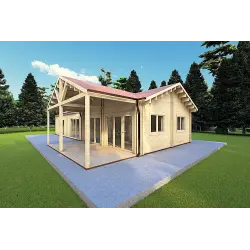 Winterfestes Holzhaus AGNESE auf einer Ebene 14x6, 44/100/44mm, Frontansicht rechte Seite