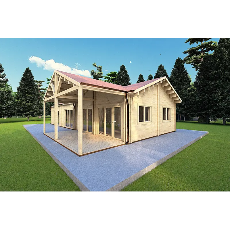 Winterfestes Holzhaus AGNESE auf einer Ebene 14x6, 44/100/44mm, Frontansicht rechte Seite