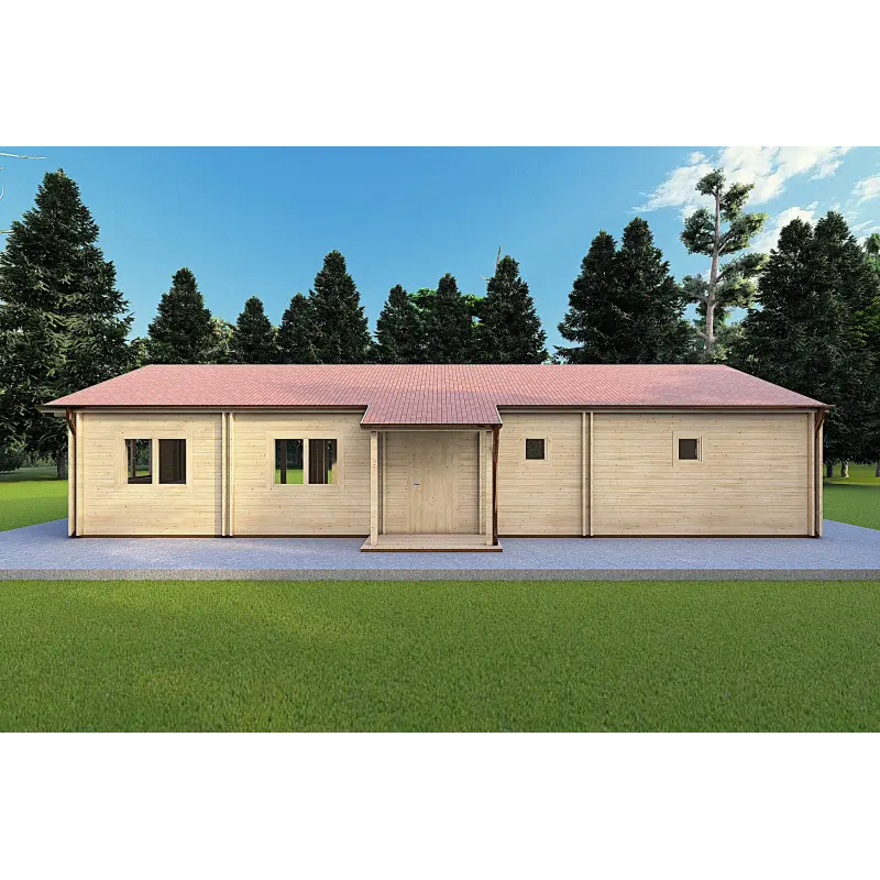 Winterfestes Holzhaus AGNESE auf einer Ebene 14x6, 44/100/44mm, Rückansicht