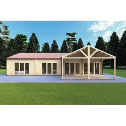 Winterfestes Holzhaus AGNESE auf einer Ebene 14x6, 44/100/44mm, Frontansicht