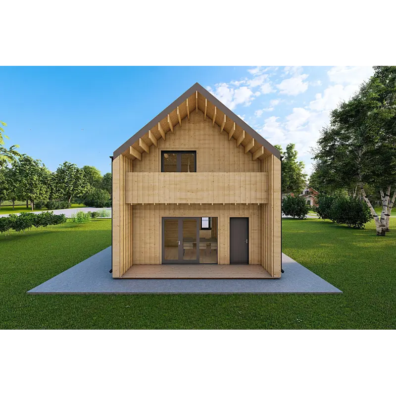 Fertighaus Holzhaus mit Holzverkleidung PENELOPE 12x6, 44/120/30/40 mm, Rückansicht