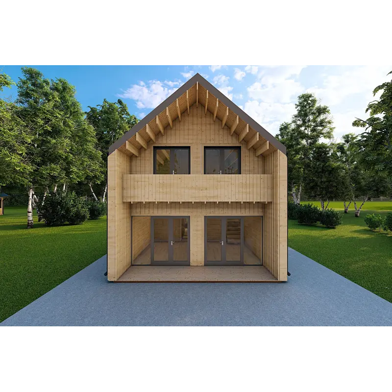 Fertighaus Holzhaus mit Holzverkleidung PENELOPE 12x6, 44/120/30/40 mm, Frontansicht