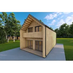 Fertighaus Holzhaus mit Holzverkleidung PENELOPE 12x6, 44/120/30/40 mm, Frontansicht rechte Seite