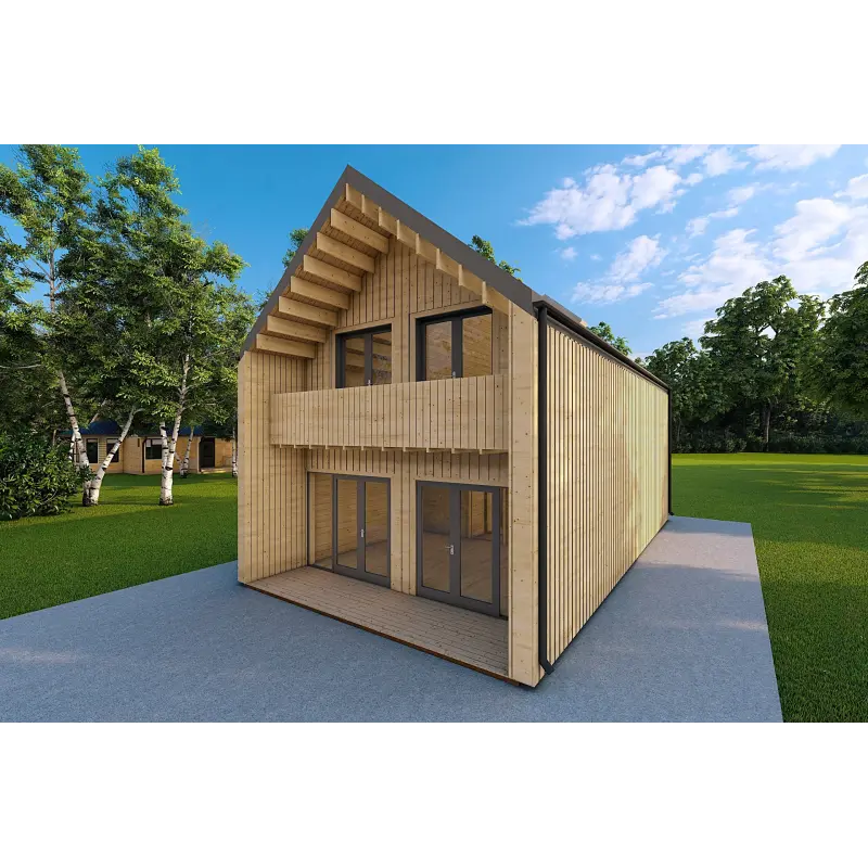 Fertighaus Holzhaus mit Holzverkleidung PENELOPE 12x6, 44/120/30/40 mm, Frontansicht rechte Seite