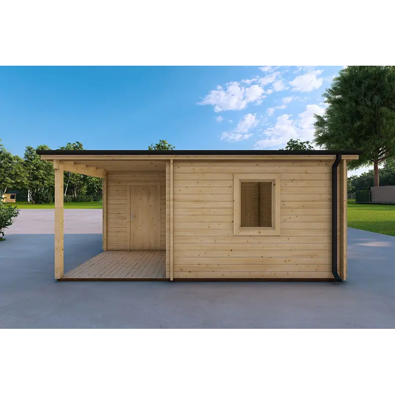 Garage Holzdach mit Veranda und Abstellraum 5.2x5.7, 44mm, Rückansicht
