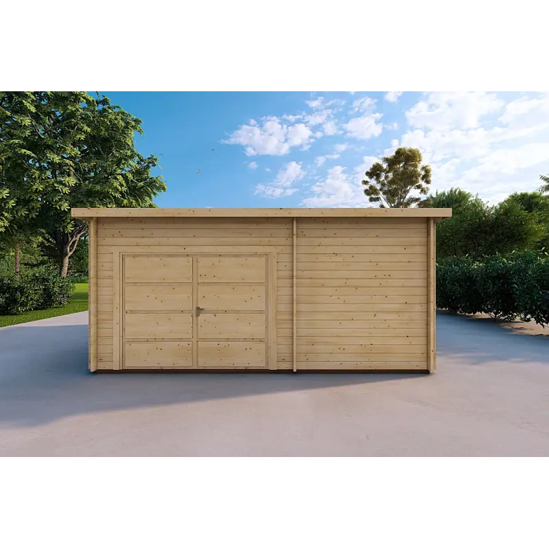 Garage Holzdach mit Veranda und Abstellraum 5.2x5.7, 44mm, Frontansicht