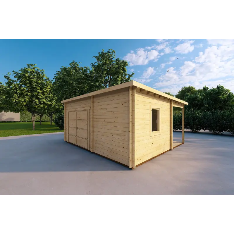 Garage Holzdach mit Veranda und Abstellraum 5.2x5.7, 44mm, Frontansicht rechte Seite