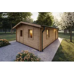 Holzhaus DALIA 5×7, 44 mm, Frontansicht rechte Seite, Modell Naturholz