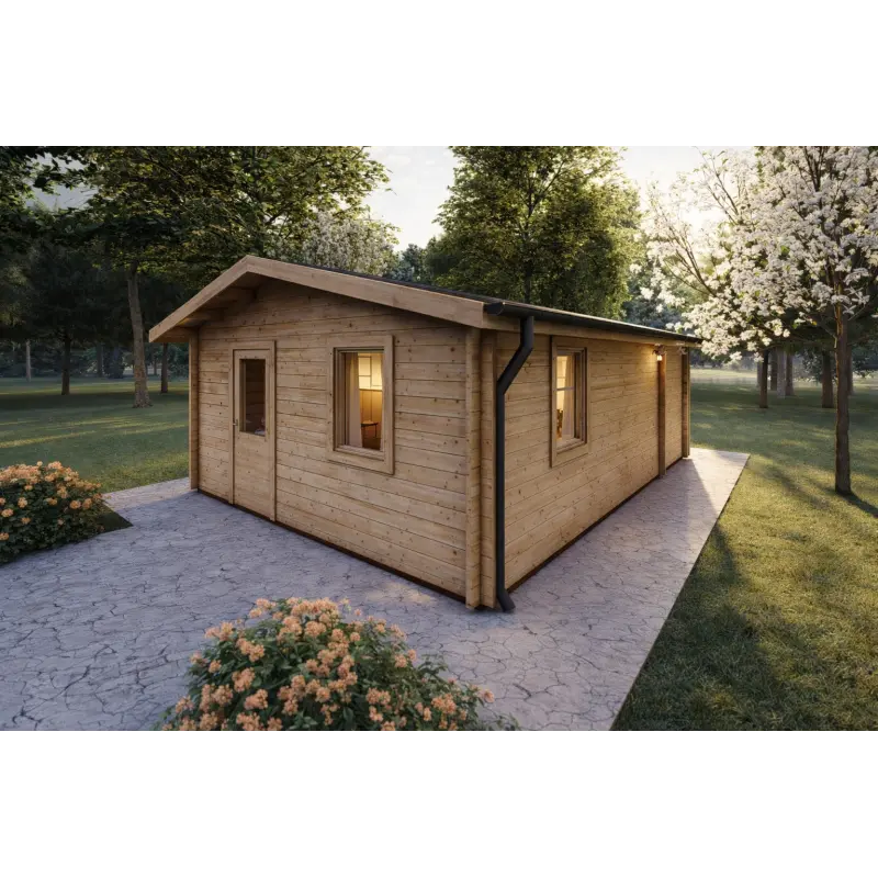 Holzhaus DALIA 5×7, 44 mm, Frontansicht rechte Seite, Modell Naturholz