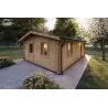 Holzhaus DALIA 5×7, 44 mm, Frontansicht rechte Seite, Modell Naturholz