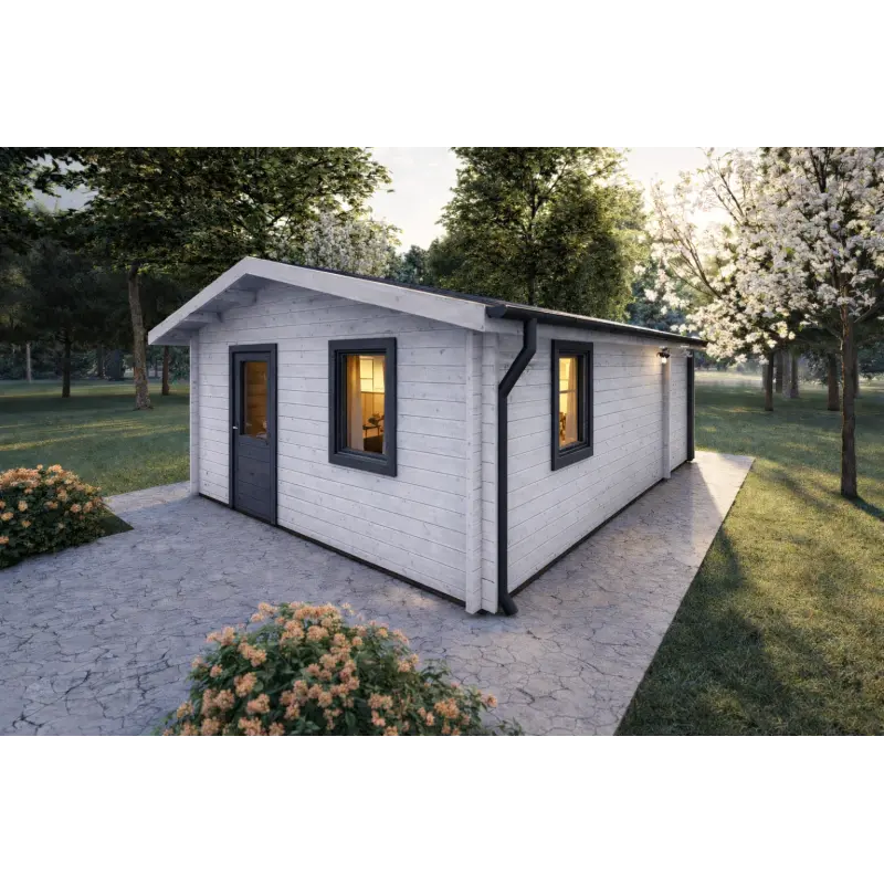 Holzhaus​ DALIA 5×7, 44 mm, Frontansicht rechte Seite, Modell Weiß