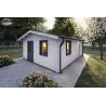 Holzhaus​ DALIA 5×7, 44 mm, Frontansicht rechte Seite, Modell Weiß