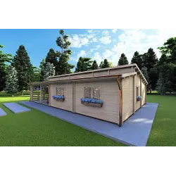 Holzhaus ROSALIA 95 m², 68mm, Frontansicht rechte Seite
