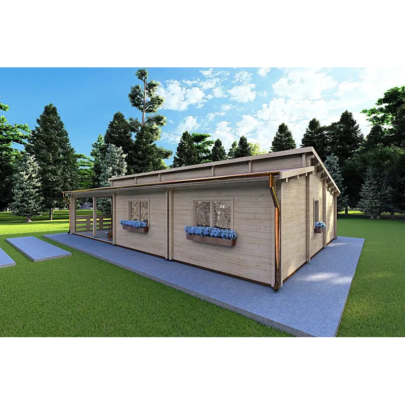 Holzhaus ROSALIA 95 m², 68mm, Frontansicht rechte Seite