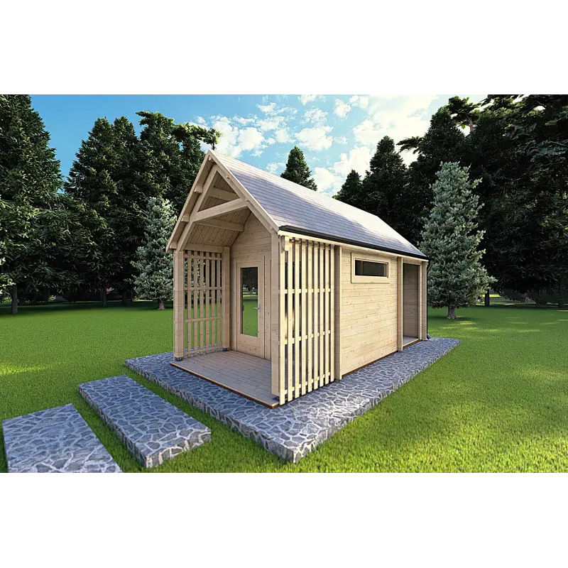 Moderne Gartenhaus NINA 6x3, 44mm, Frontansicht rechte Seite