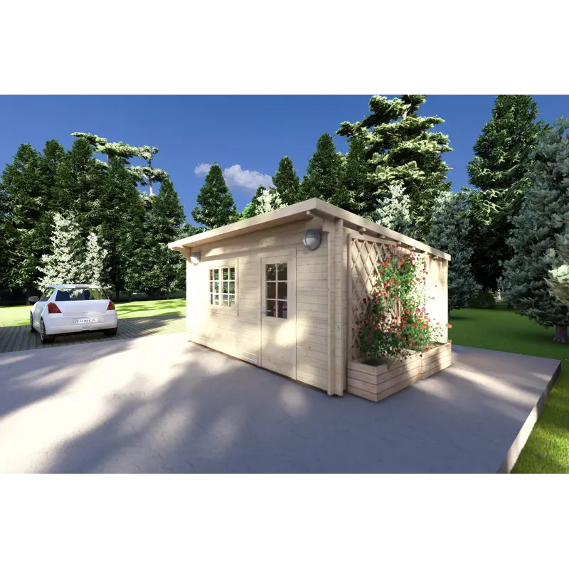 Moderne Gartenhaus DESY 5x4, 40mm, Frontansicht rechte Seite
