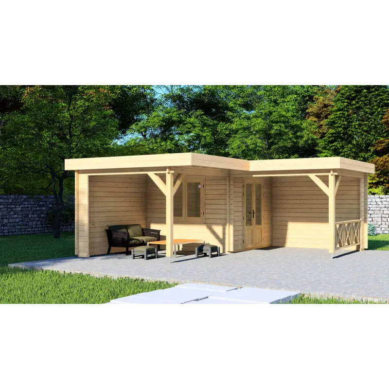 Moderne Gartenhaus REBECCA 6x6, 44mm, Frontansicht