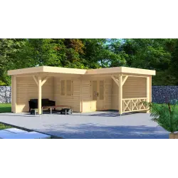 Moderne Gartenhaus REBECCA 6x6, 44mm, Frontansicht rechte Seite