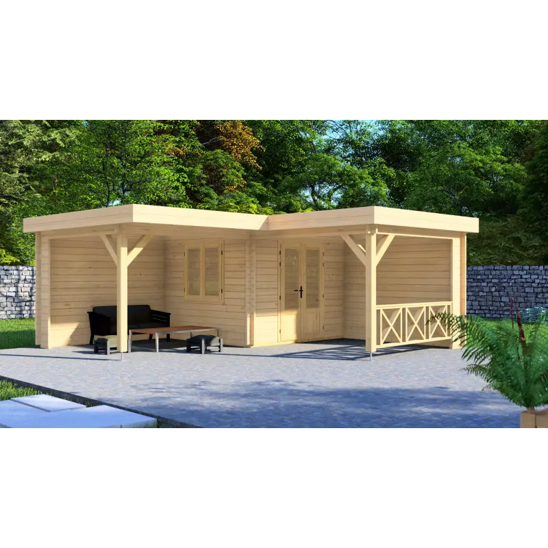 Moderne Gartenhaus REBECCA 6x6, 44mm, Frontansicht rechte Seite