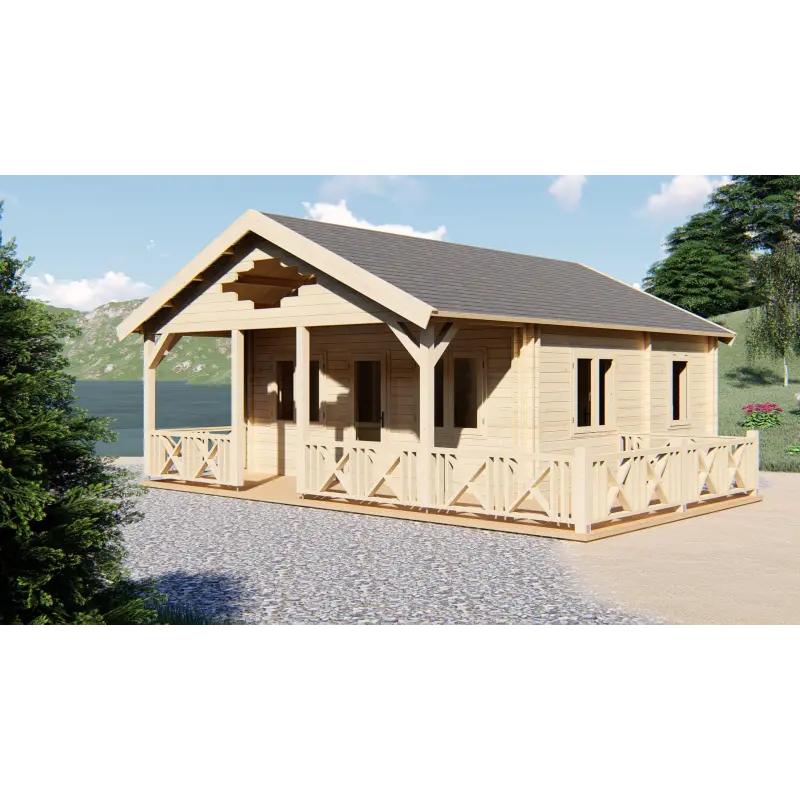 Moderne Holzhaus SAMANTHA 6x8, 68mm, Frontansicht rechte Seite