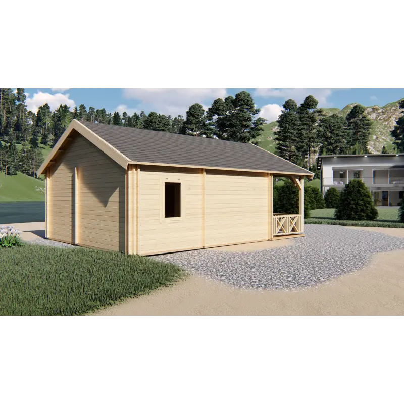 Moderne Holzhaus SAMANTHA 6x8, 68mm, Rückansicht